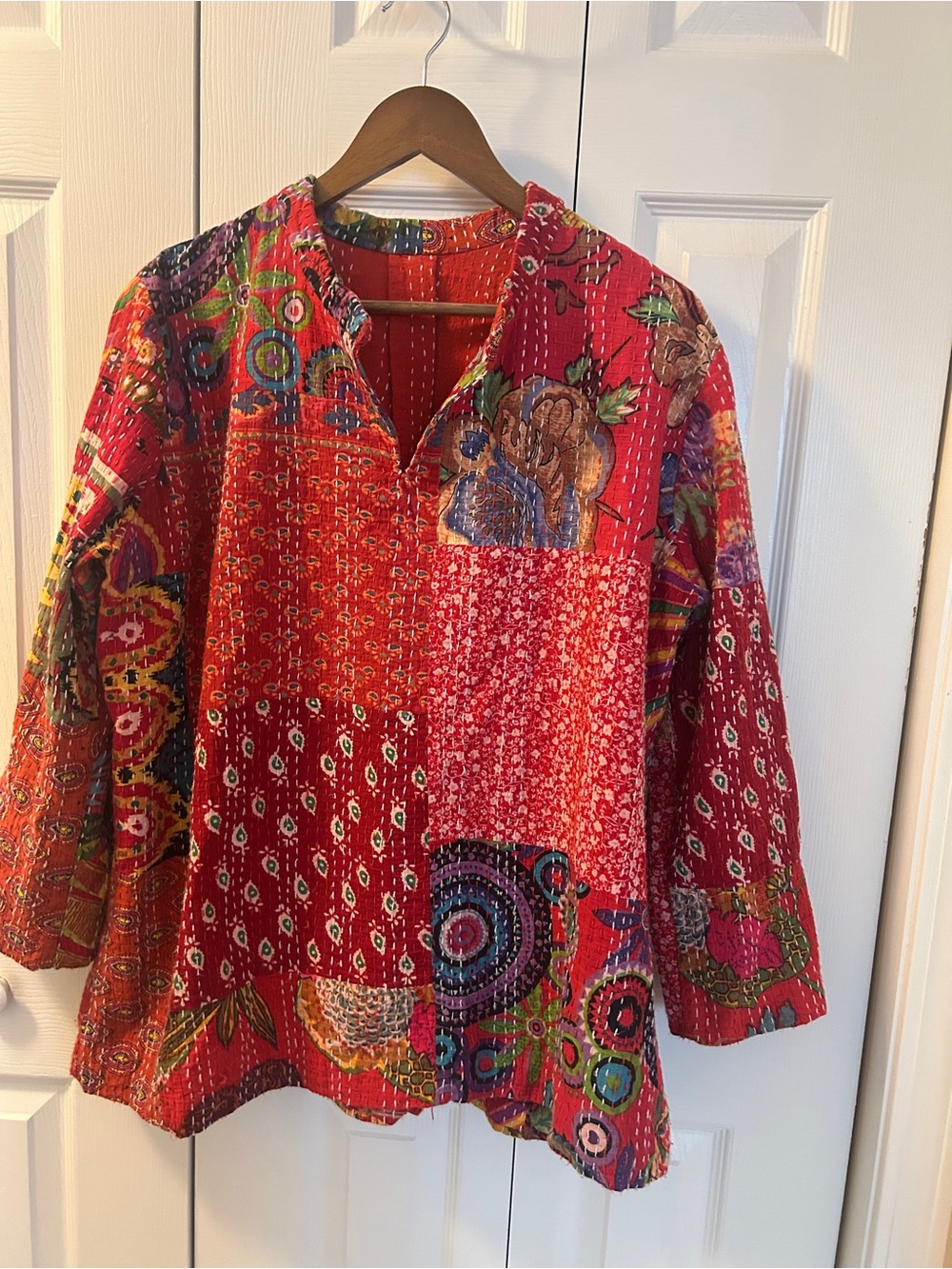 Handmade Quilted Patchwork Boho Red Long-Sleeve Top